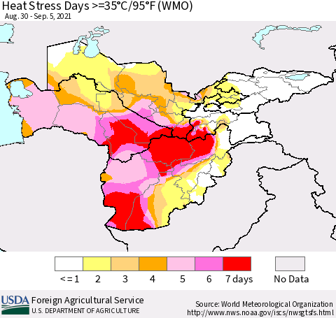 Central Asia Heat Stress Days >=35°C/95°F (WMO) Thematic Map For 8/30/2021 - 9/5/2021