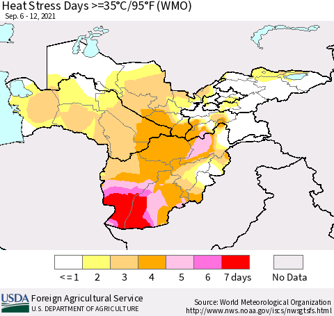 Central Asia Heat Stress Days >=35°C/95°F (WMO) Thematic Map For 9/6/2021 - 9/12/2021