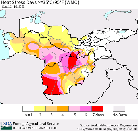 Central Asia Heat Stress Days >=35°C/95°F (WMO) Thematic Map For 9/13/2021 - 9/19/2021