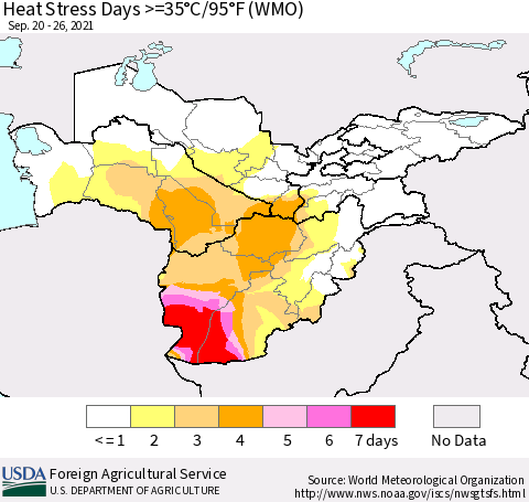 Central Asia Heat Stress Days >=35°C/95°F (WMO) Thematic Map For 9/20/2021 - 9/26/2021