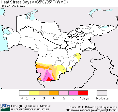 Central Asia Heat Stress Days >=35°C/95°F (WMO) Thematic Map For 9/27/2021 - 10/3/2021