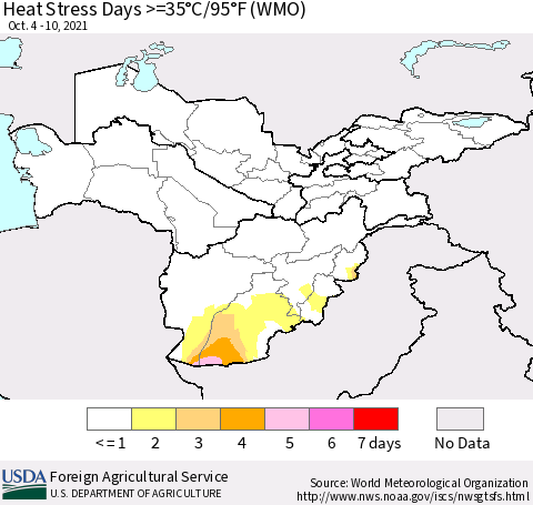 Central Asia Heat Stress Days >=35°C/95°F (WMO) Thematic Map For 10/4/2021 - 10/10/2021