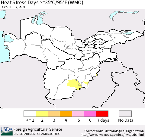 Central Asia Heat Stress Days >=35°C/95°F (WMO) Thematic Map For 10/11/2021 - 10/17/2021