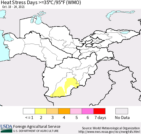 Central Asia Heat Stress Days >=35°C/95°F (WMO) Thematic Map For 10/18/2021 - 10/24/2021