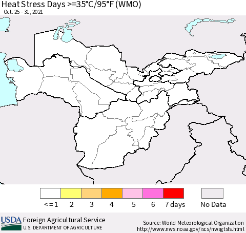 Central Asia Heat Stress Days >=35°C/95°F (WMO) Thematic Map For 10/25/2021 - 10/31/2021