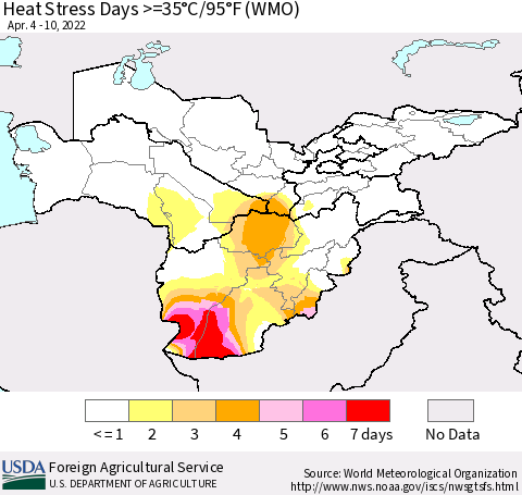 Central Asia Heat Stress Days >=35°C/95°F (WMO) Thematic Map For 4/4/2022 - 4/10/2022