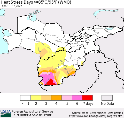 Central Asia Heat Stress Days >=35°C/95°F (WMO) Thematic Map For 4/11/2022 - 4/17/2022
