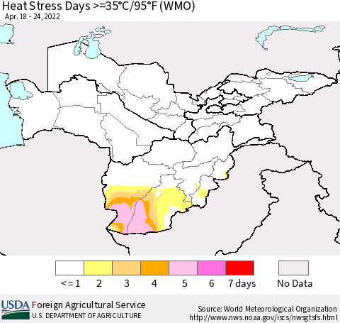 Central Asia Heat Stress Days >=35°C/95°F (WMO) Thematic Map For 4/18/2022 - 4/24/2022