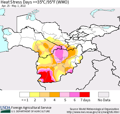 Central Asia Heat Stress Days >=35°C/95°F (WMO) Thematic Map For 4/25/2022 - 5/1/2022
