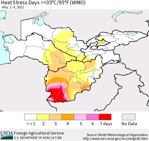 Central Asia Heat Stress Days >=35°C/95°F (WMO) Thematic Map For 5/2/2022 - 5/8/2022