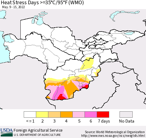 Central Asia Heat Stress Days >=35°C/95°F (WMO) Thematic Map For 5/9/2022 - 5/15/2022