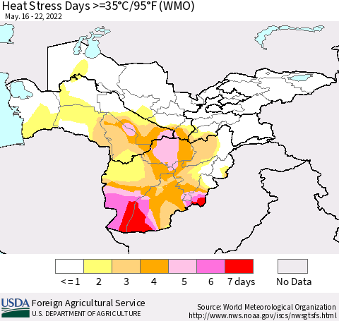 Central Asia Heat Stress Days >=35°C/95°F (WMO) Thematic Map For 5/16/2022 - 5/22/2022