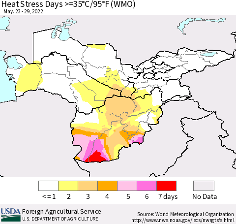 Central Asia Heat Stress Days >=35°C/95°F (WMO) Thematic Map For 5/23/2022 - 5/29/2022