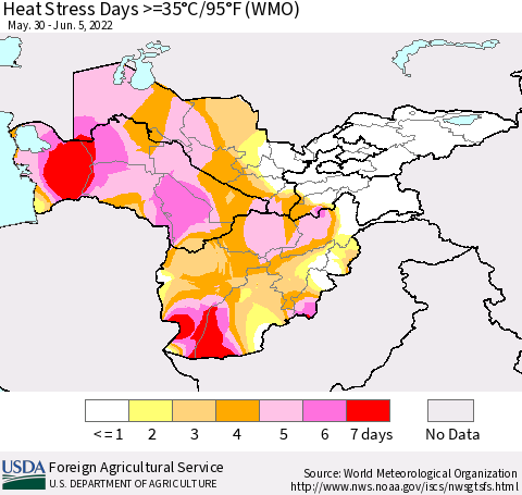Central Asia Heat Stress Days >=35°C/95°F (WMO) Thematic Map For 5/30/2022 - 6/5/2022