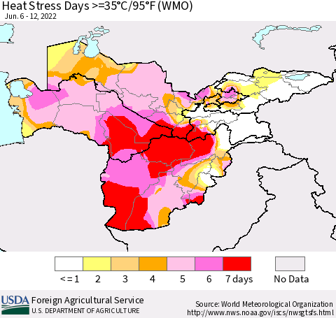 Central Asia Heat Stress Days >=35°C/95°F (WMO) Thematic Map For 6/6/2022 - 6/12/2022