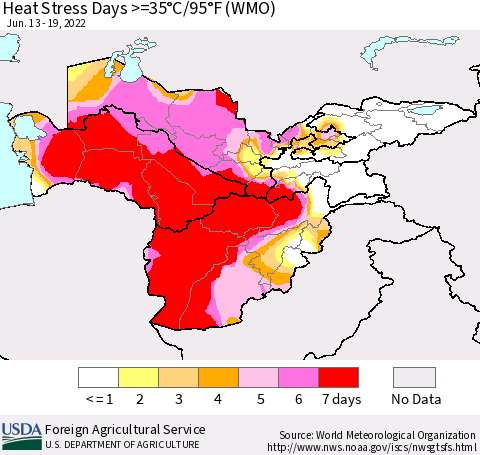 Central Asia Heat Stress Days >=35°C/95°F (WMO) Thematic Map For 6/13/2022 - 6/19/2022
