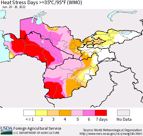 Central Asia Heat Stress Days >=35°C/95°F (WMO) Thematic Map For 6/20/2022 - 6/26/2022