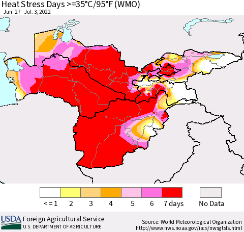 Central Asia Heat Stress Days >=35°C/95°F (WMO) Thematic Map For 6/27/2022 - 7/3/2022