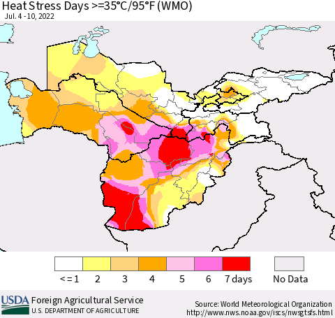 Central Asia Heat Stress Days >=35°C/95°F (WMO) Thematic Map For 7/4/2022 - 7/10/2022