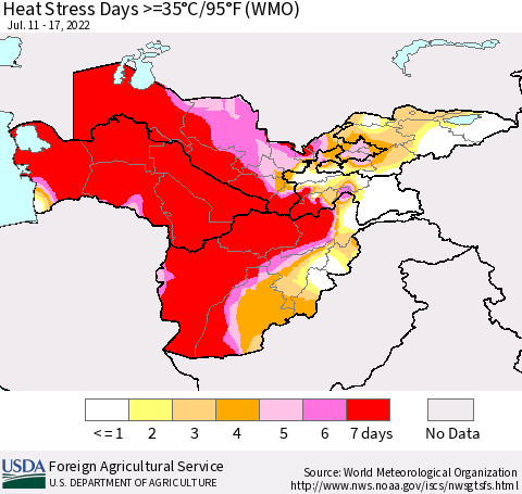 Central Asia Heat Stress Days >=35°C/95°F (WMO) Thematic Map For 7/11/2022 - 7/17/2022