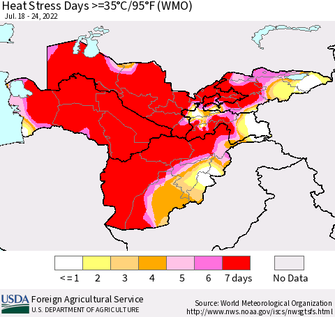 Central Asia Heat Stress Days >=35°C/95°F (WMO) Thematic Map For 7/18/2022 - 7/24/2022
