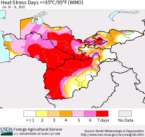 Central Asia Heat Stress Days >=35°C/95°F (WMO) Thematic Map For 7/25/2022 - 7/31/2022