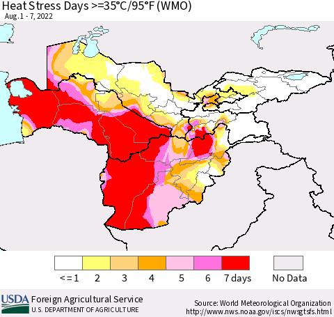 Central Asia Heat Stress Days >=35°C/95°F (WMO) Thematic Map For 8/1/2022 - 8/7/2022