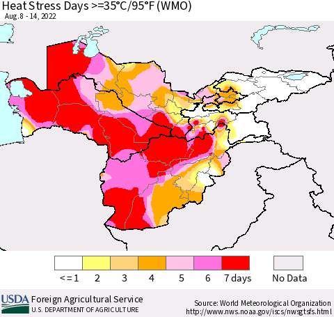 Central Asia Heat Stress Days >=35°C/95°F (WMO) Thematic Map For 8/8/2022 - 8/14/2022