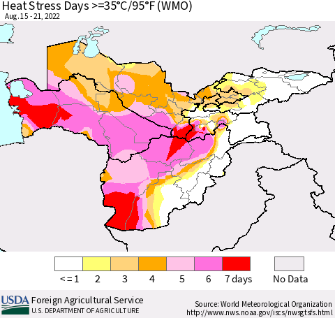 Central Asia Heat Stress Days >=35°C/95°F (WMO) Thematic Map For 8/15/2022 - 8/21/2022