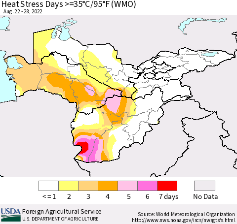 Central Asia Heat Stress Days >=35°C/95°F (WMO) Thematic Map For 8/22/2022 - 8/28/2022