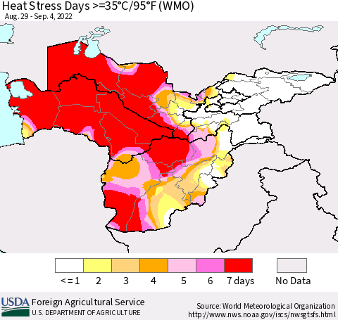 Central Asia Heat Stress Days >=35°C/95°F (WMO) Thematic Map For 8/29/2022 - 9/4/2022