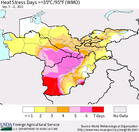 Central Asia Heat Stress Days >=35°C/95°F (WMO) Thematic Map For 9/5/2022 - 9/11/2022