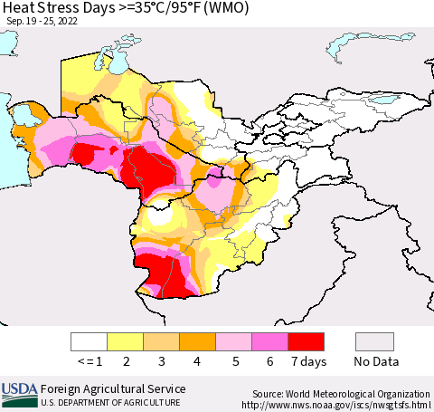 Central Asia Heat Stress Days >=35°C/95°F (WMO) Thematic Map For 9/19/2022 - 9/25/2022