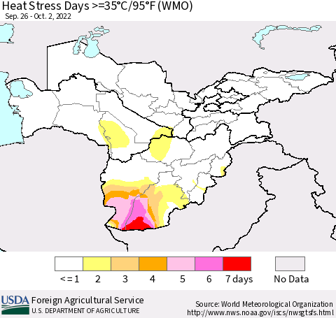 Central Asia Heat Stress Days >=35°C/95°F (WMO) Thematic Map For 9/26/2022 - 10/2/2022