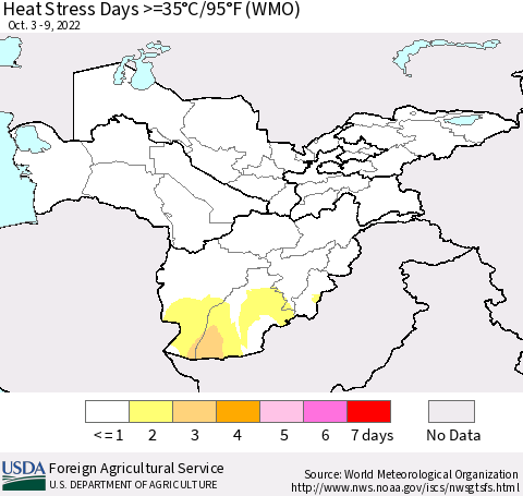 Central Asia Heat Stress Days >=35°C/95°F (WMO) Thematic Map For 10/3/2022 - 10/9/2022