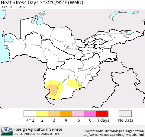 Central Asia Heat Stress Days >=35°C/95°F (WMO) Thematic Map For 10/10/2022 - 10/16/2022