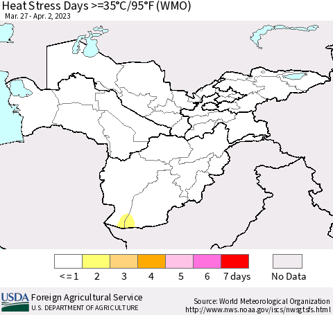 Central Asia Heat Stress Days >=35°C/95°F (WMO) Thematic Map For 3/27/2023 - 4/2/2023