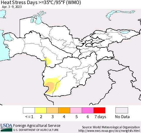 Central Asia Heat Stress Days >=35°C/95°F (WMO) Thematic Map For 4/3/2023 - 4/9/2023