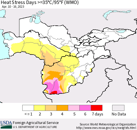 Central Asia Heat Stress Days >=35°C/95°F (WMO) Thematic Map For 4/10/2023 - 4/16/2023