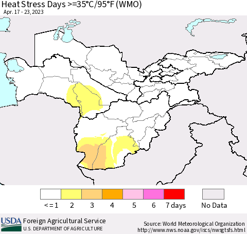 Central Asia Heat Stress Days >=35°C/95°F (WMO) Thematic Map For 4/17/2023 - 4/23/2023