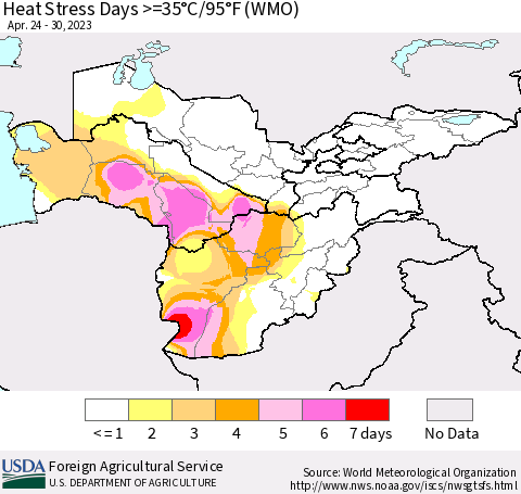 Central Asia Heat Stress Days >=35°C/95°F (WMO) Thematic Map For 4/24/2023 - 4/30/2023