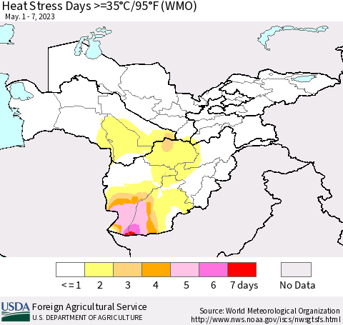 Central Asia Heat Stress Days >=35°C/95°F (WMO) Thematic Map For 5/1/2023 - 5/7/2023
