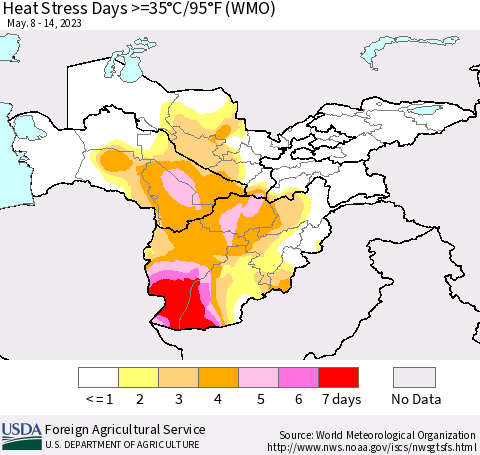 Central Asia Heat Stress Days >=35°C/95°F (WMO) Thematic Map For 5/8/2023 - 5/14/2023