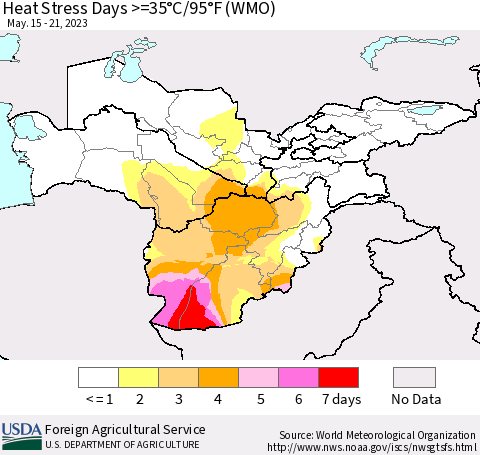 Central Asia Heat Stress Days >=35°C/95°F (WMO) Thematic Map For 5/15/2023 - 5/21/2023