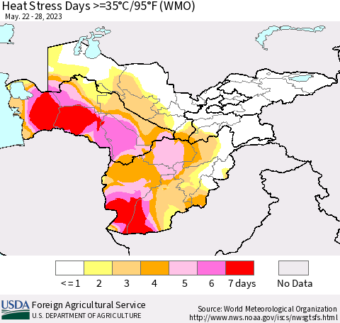 Central Asia Heat Stress Days >=35°C/95°F (WMO) Thematic Map For 5/22/2023 - 5/28/2023