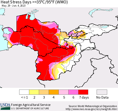Central Asia Heat Stress Days >=35°C/95°F (WMO) Thematic Map For 5/29/2023 - 6/4/2023