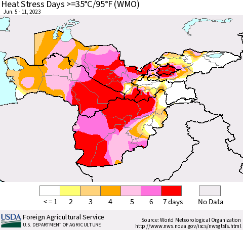 Central Asia Heat Stress Days >=35°C/95°F (WMO) Thematic Map For 6/5/2023 - 6/11/2023