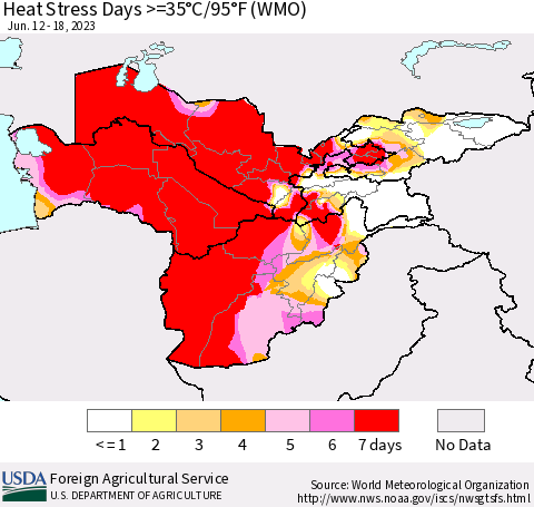 Central Asia Heat Stress Days >=35°C/95°F (WMO) Thematic Map For 6/12/2023 - 6/18/2023