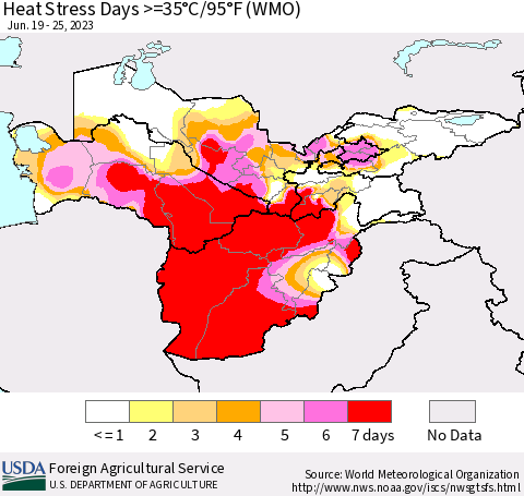 Central Asia Heat Stress Days >=35°C/95°F (WMO) Thematic Map For 6/19/2023 - 6/25/2023
