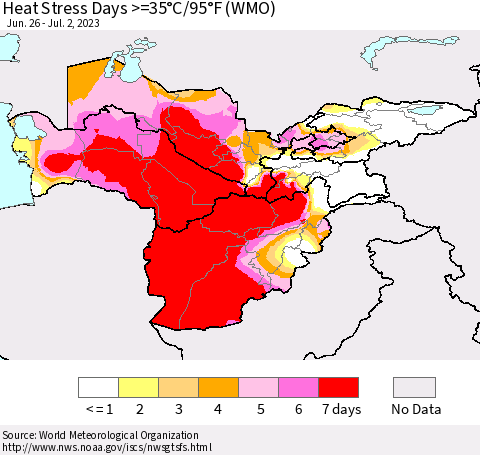 Central Asia Heat Stress Days >=35°C/95°F (WMO) Thematic Map For 6/26/2023 - 7/2/2023